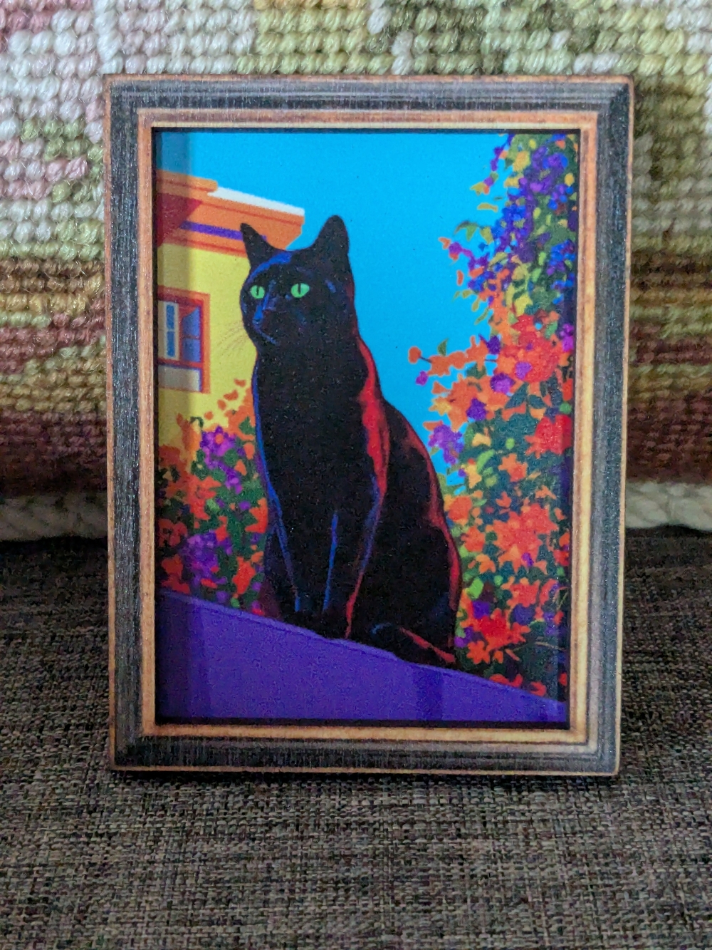 Black Cat Art Print Magnet With Vibrant Floral Colors
